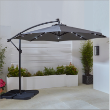 Neo 3M LED Solar Outdoor Waterproof Freestanding Parasol, Cover & Waterbase – Cream or Grey